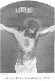 Christus, der Welterlöser, am Kreuz, der Oberkörper entblößt, mit der Dornenkrone auf dem Haupt, die Seitenwunde und auf der Brust das dornenumrankte Flammenherz