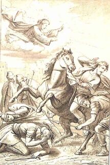 In den Wolken erscheint Christus dem Saulus, der vom Pferd auf den Boden fällt.
