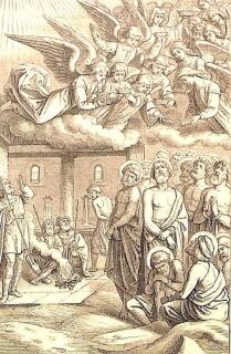 Die heiligen vierzig Märtyrer stehen auf dem Eis in der Kälte, während die Soldaten um ein Feuer herum sitzen.