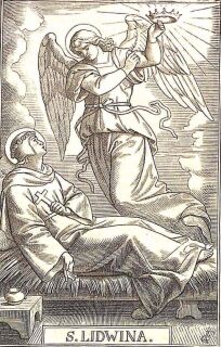 Die heilige Lidwina liegt auf einem Strohbett, das Kreuz in der Hand; ein Engel über ihr reicht ihr die Krone für ihr Leiden