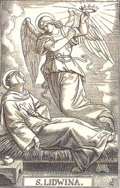 Die heilige Lidwina liegt auf einem Strohbett, das Kreuz in der Hand; ein Engel über ihr reicht ihr die Krone für ihr Leiden
