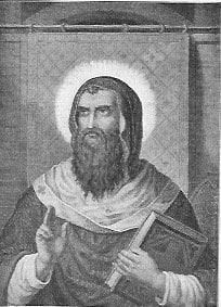 Der heilige Athanasius der Große in byzantinischer Kleidung mit längerem Bart, eine Art Kapuze auf seinem Haupt.