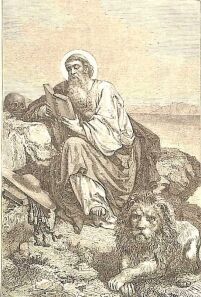 Der heilige Kirchenlehrer Hieronymus sitzt auf einem Berg auf einem Felsen, ein Buch in der Hand, in dem er liest.