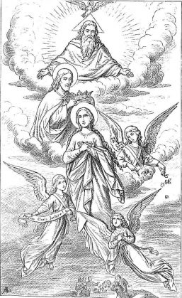 Die Gottesmutter Maria, die in den Himmel aufsteigt, von drei Engeln umgeben, wird von ihrem Sohn und Gott Jesus gekrönt.
