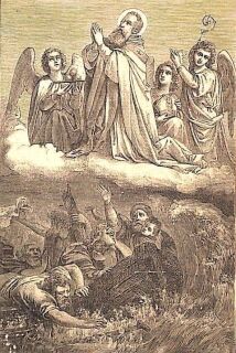 Der heilige Nikolaus von Myra, der auf einer Wolke kniet und von drei Engeln umgeben ist, bittet für die Menschen, die unten im Wasser zu sehen sind.