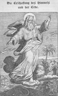 Gott Vater, auf einer Wolke stehend, erschafft die Tiere, man sieht die Vögel am Himmel, ein Pferd und eine Palme sind auch zu sehen.