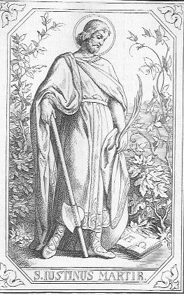 Der heilige Justinus steht, von Blumen umrankt, mit geneigtem Kopf, auf einem Beil gestützt, und schaut auf das Evangelium, das am Boden liegt.