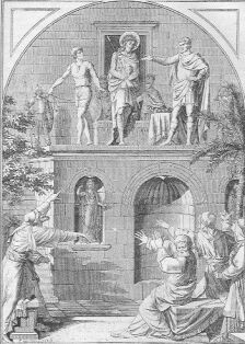 Im ersten Stock eines Hauses steht Jesus mit der Dornenkrone auf dem Haupt und dem Rohr in der Hand, die Arme als Gefangener über Kreuz gebunden.