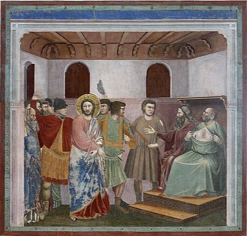 Erste Gerichtsverhandlung bei Kaiphas: Jesus vor Kajaphas, Gemälde von Giotto di Bondone (um 1305)