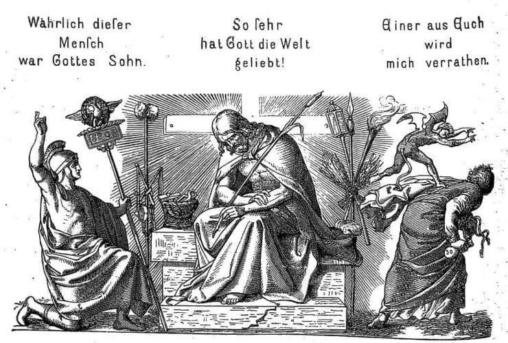 Jesus mit dem Rohr in der Hand sitzt auf einem Holz, ein römischer Soldat kniet vor ihm auf der linken Seite, auf der rechten ist Judas zu sehen.