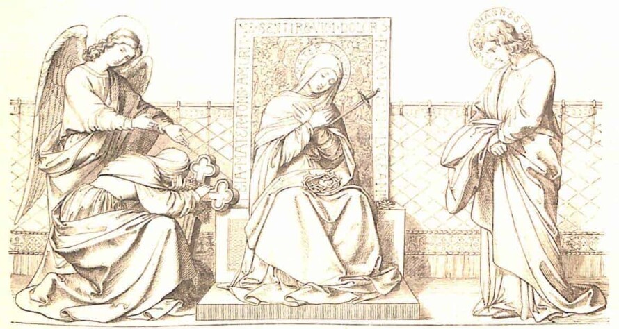 Das Martyrium der schmerzhaften Mutter Jesu: Maria sitzt auf einem steinernen Stuhl mit lateinischer Inschrift, ein Schwert ins Herz gestoßen.