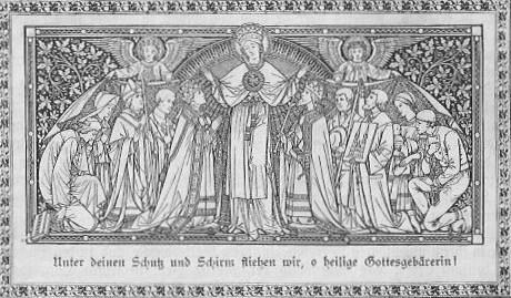 Die Himmelskönigin Maria schützt unter ihrem Mantel die Geistlichkeit und das fromme Volk. Zwei Engel halten den Schutzmantel.