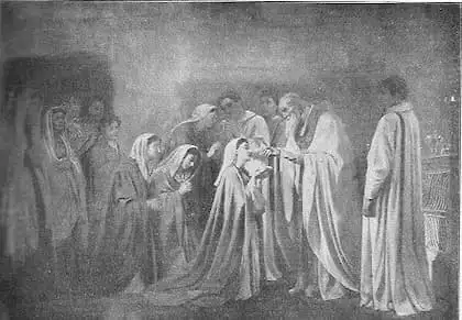 Zur Zeit der Päpste der Katakomben Ein alter Priester spendet einer Christin die Mundkommunion