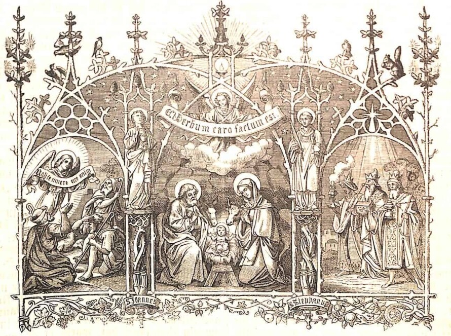 In der Mitte sieht man Maria und Joseph sowie das Jesuskind in der Krippe sowie die Hirten, und Engeln.