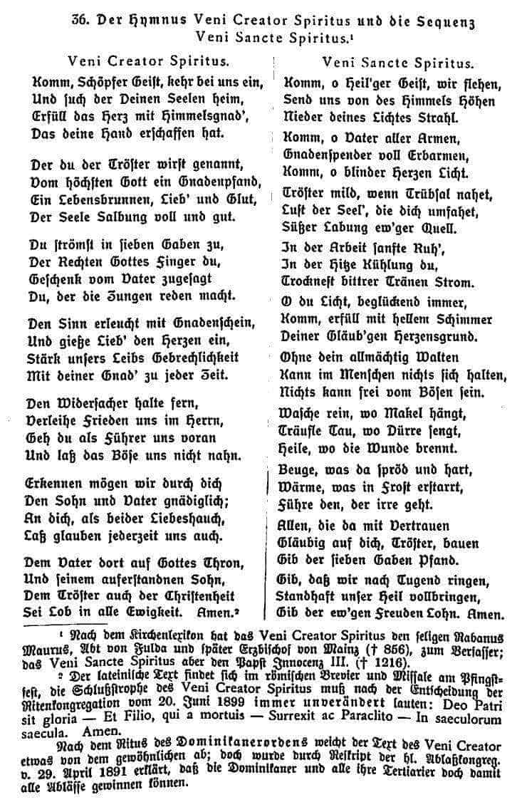 Text des Hymnus Veni creator Spiritus und die Sequenz Veni Sancte Spiritus