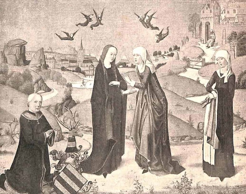 Ein mittelalterliches Bild, auf dem Maria und Elisabeth zu sehen sind; Elisabeth trägt eine Art Ordenskleidung, ebenso die Frau, die ganz rechts im Bild zu sehen ist; links ist ein Geistlicher zu sehen, der auf dem Boden kniet; in der Luft sind sechs Engel zu sehen; im Hintergrund sind mittelalterliche Gebäude zu sehen wie z.B. eine Burg