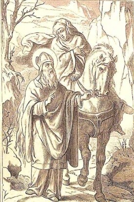 Der heilige Bischof Eberhard führt das Pferd an der Leine; auf dem Pferd sitzt eine Frau, die er offenbar belehrt