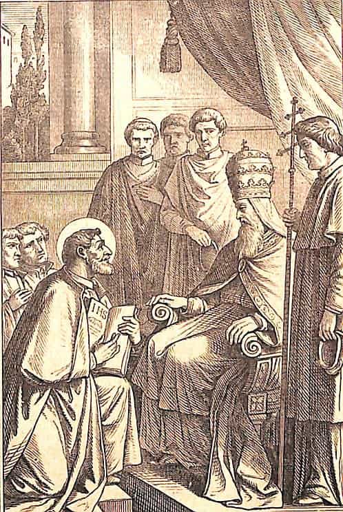 Der heilige Ignatius kniet vor dem Papst, ein Buch in der Hand.