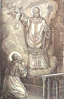 Der heilige Petrus von Anagni steht, den Krummstab in der linken Hand, in einer himmlischen Wolke eingehüllt, die rechte Hand hält er erhoben.