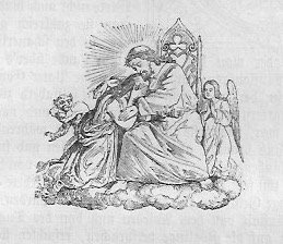 Bekehrung eines Sünders zur Buße Der Heiland und Erlöser Jesus Christus sitzt auf einem Stuhl und tröstet ein Beichtkind, das sich weinend und voll Reue dem Herrn zugewandt hat und in seinen Armen die Hand vor das Gesicht hält; der Schutzengel ist auf der rechten Seite zu sehen, der Satan wendet sich voll Zorn gegen die Beichte