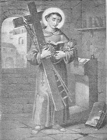 Der heilige Bernhardin von Siena steht in seiner Zelle; in den Händen hält er ein großes Kreuz.