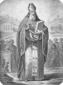 Der heilige Timotheus steht im Bischofsgewand mit einem Buch in der Hand.