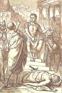 Gervasius liegt bereits mit dem Schwert getötet auf dem Boden, Protasius steht vor dem Richter und hält seine Verteidigungsrede.