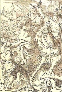 Der König und der heilige Jakobus neben ihm auf einem Pferd, das den Namen St. Jakobus trägt, kämpfen gemeinsam gegen die Mauren