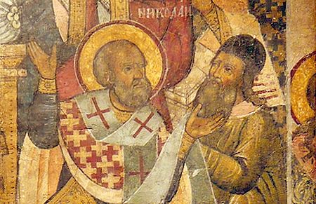 Die Irrlehre des Arius und seine Bekämpfung: Bischof Nikolaus von Myra ohrfeigt Arius auf dem Konzil in Nicäa