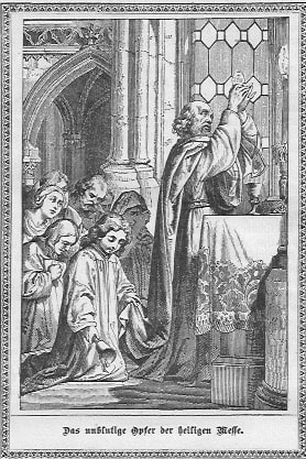Das unblutige Opfer der heiligen Messe vom Priester am Altar vollzogen und das gläubige Volk kniet und betet an