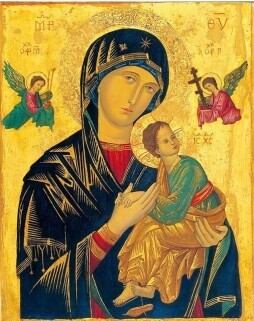 Mutter von der immer währenden Hilfe: eine Ikone, auf der Maria mit ihrem Jesuskind auf dem Arm abgebildet ist.