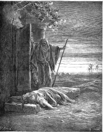 Sünde und Strafe der Benjaminiten: Der Levit findet seine Frau tot vor seiner Tür - von Gustave Doré