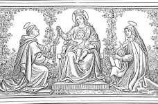 Maria, die Rosenkranzkönigin, übergibt dem heilige Dominikus den Rosenkranz; auf ihrem schoß sitzt das Jesuskind; rechts kniet eine heilige Nonne, die mit einer Schreibfeder und einem Buch zu sehen ist