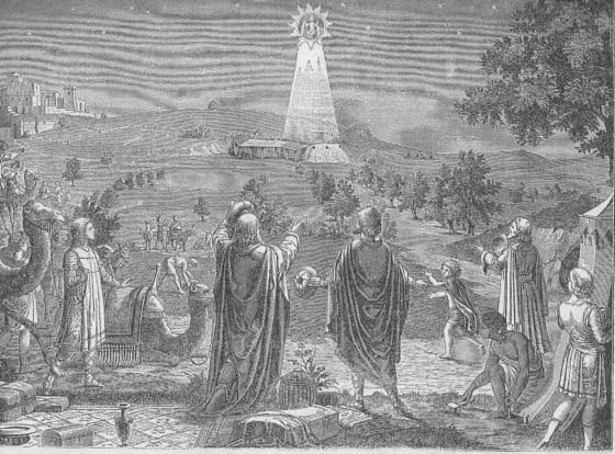 Die heiligen drei Könige (Magier) mit ihren Begleitern sehen den Stern am Himmel, in dem sie das Jesuskind sehen