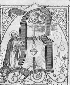 Ein Buchstabenbild: Jesus im Ölgarten schwitzt Blut; er betet zum Vater im Himmel; ein Engel erscheint von oben und zeigt Christus einen Kelch; in der Mitte des Buchstabens strahlt das Herz Jesu