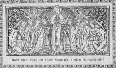 Die Himmelskönigin Maria schützt unter ihrem Mantel die Geistlichkeit und das fromme Volk. Zwei Engel halten den Schutzmantel.
