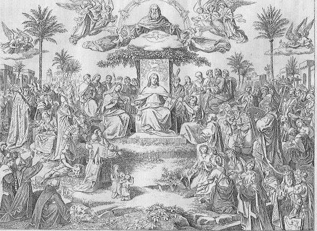 Die heiligste Dreifaltigkeit, Gott Vater, Heiliger Geist als Taube und Christus auf dem Thron, umgeben von Engeln und von Heiligen, Seinen Auserwählten aus allen Ständen