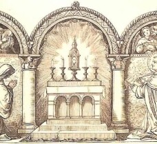 Zu Fronleichnam und zur allgemeinen Anbetung: Auf dem durch drei Bögen aufgeteilte Bild sieht man in der Mitte den Altar, auf dem Monstranz mit dem allerheiligsten Altarsakrament steht sowie vier brennende Kerzen; links knien zwei Nonnen in anbetender Haltung, rechts kniet ein Mönch; über ihm sieht man Engel in dem Bogen