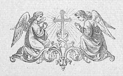 Zwei Engel knien vor dem strahlenden Kreuz, das mit Girlanden geschmückt ist; wie in der Anbetung Christi im Altarsakrament und Eucharistie