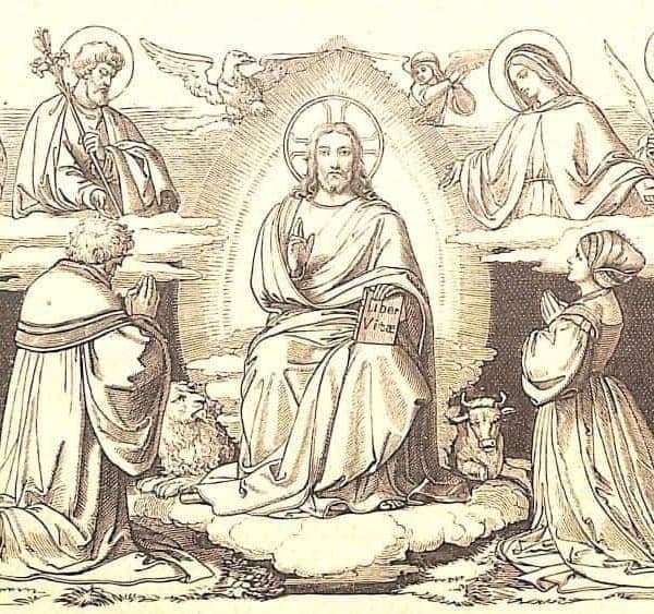 Christus sitzt in der Mitte, Löwe und Stier zu seinen Füßen