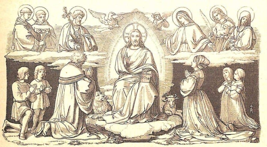 Christus sitzt in der Mitte, Löwe und Stier zu seinen Füßen, die Heiligen aus den Orden und Jungfrauen stehen in der oberen Reihe, in der unteren Reihe knien heilige Kinder und Ehepaare