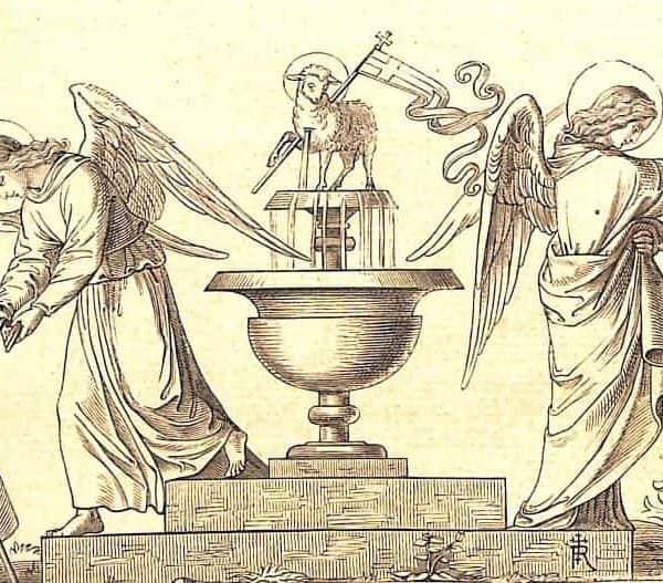 Das Lamm Gottes steht auf dem Brunnen des Lebens, die Engel geben den Kelch zur Kommunion den armen Seelen und dem Pilger auf Erden