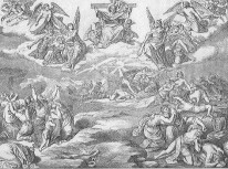Das jüngste Gericht: Christus sitzt, das Kreuz hinter sich, auf dem Richterstuhl; rechts und links sieht man zahlreiche Engel; unten sind die Menschen, die vor Angst, Verzweiflung und Schrecken wild gebären; es ist der Tag des Zornes