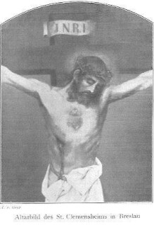 Christus am Kreuz, der Oberkörper entblößt, mit der Dornenkrone auf dem Haupt, die Seitenwunde und auf der Brust das dornenumrankte Flammenherz
