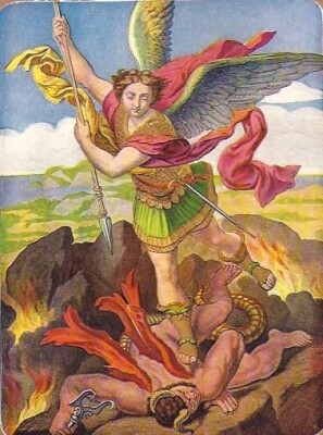 Der heilige Erzengel Michael besiegt den höllischen Drachen; Satan liegt auf dem Boden, der hl. Michael über ihm mit der Lanze in der Hand; aus der Erde schlagen Feuerflammen der Hölle