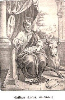 Der heilige Lukas sitzt auf einem Stuhl, sein Evangelium auf dem Schoß haltend, neben ihm der Stier als Sinnbild; auf dem Boden liegt eine Farbpalette; der hl. Lukas scheint mit geschlos