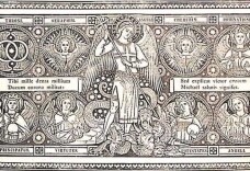 Der heilige Erzengel Michael steht in der Mitte des Bildes mit der Lanze in der Hand; unter ihm der höllische Drache, den er besiegt hat; rechts und links von ihm sind weitere Engel zu sehen