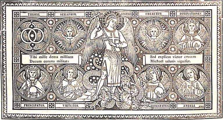 Der heilige Erzengel Michael steht in der Mitte des Bildes mit der Lanze in der Hand; unter ihm der höllische Drache, den er besiegt hat; rechts und links von ihm sind weitere Engel zu sehen