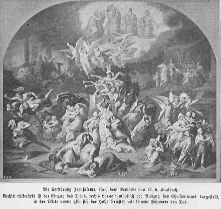 Die Zerstörung Jerusalems: rechts rückwärts ist der Einzug des Titus, rechts vorne symbolisch der Auszug des Christentums dargestellt, in der Mitte vorne gibt sich der Hohe Priester mit seinem Schwert den Tod