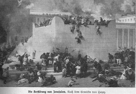 Die Zerstörung Jerusalems durch die Römer: die Stadt brennt, die Juden stürzen sich selber oder werden über die Mauer gestürzt